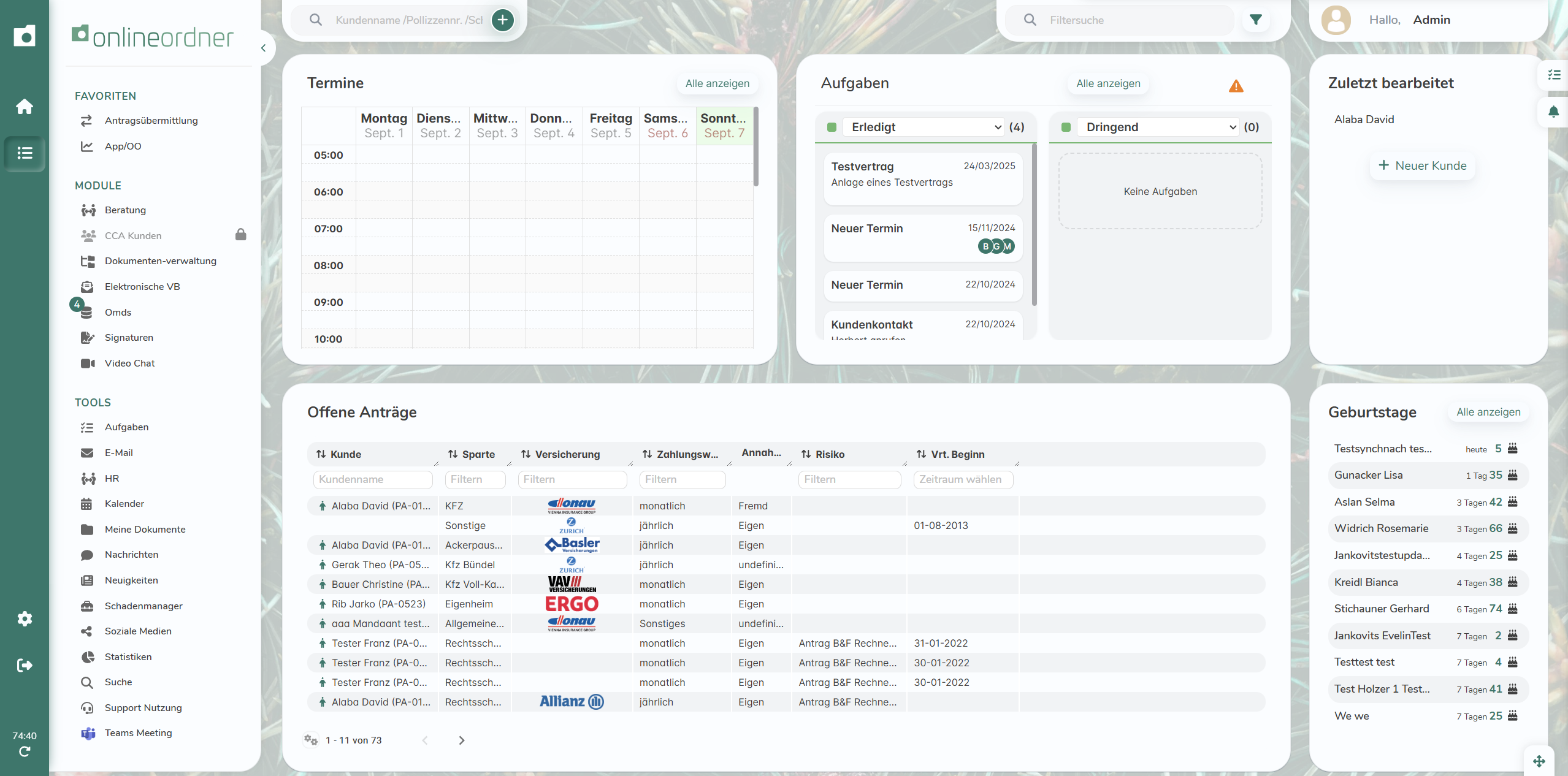 OnlineOrdner Dashboard Ansicht