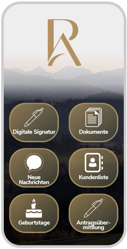 OnlineOrdner App mit Kacheln für Digitale Signatur, Dokumente, Neue Nachrichten, Kundenliste, Geburtstage und Antragsübermittlung