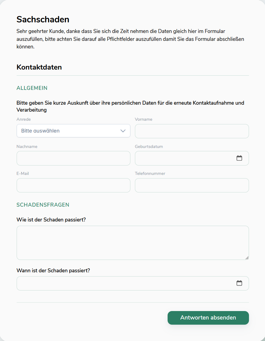 Fragebogen Sachschaden aus Kundensicht: Kontaktdaten und Schadensfragen zum Ausfüllen