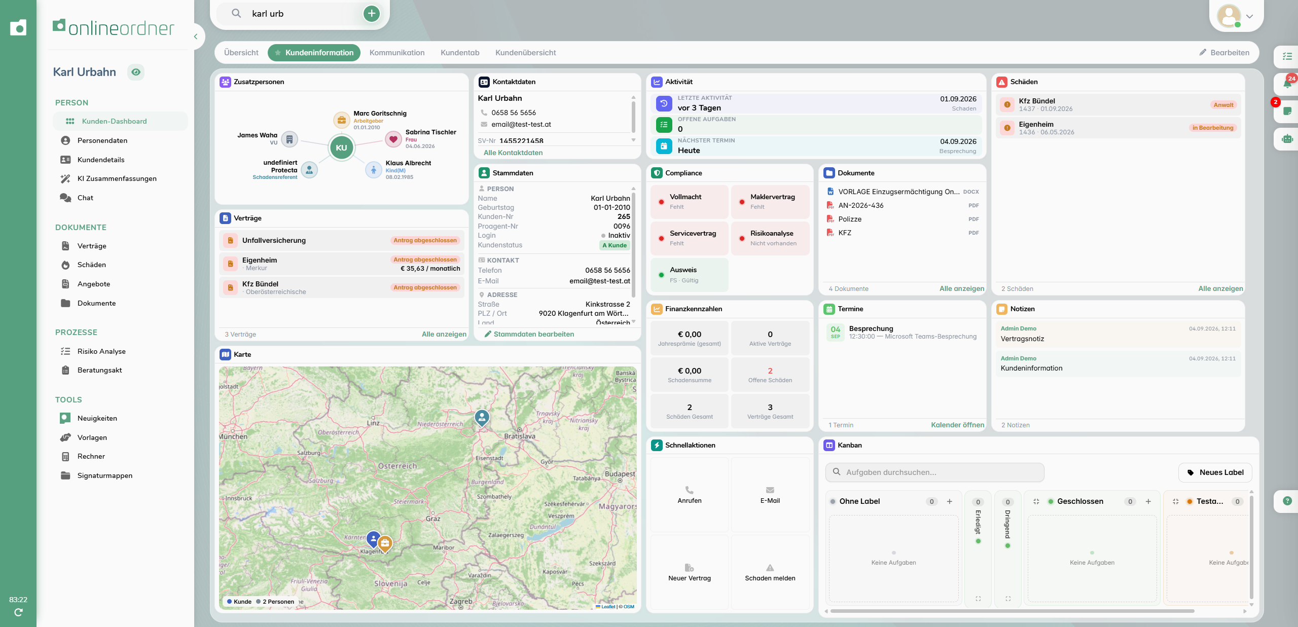 Kunden-Dashboard im OnlineOrdner mit Zusatzpersonen, Verträgen, Stammdaten, Dokumenten, Schäden, Terminen, Notizen und Aufgaben-Kanban