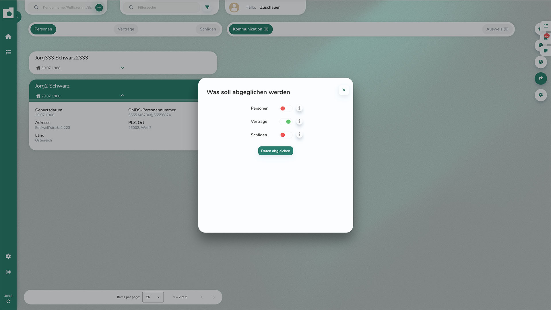 Auswahldialog im OnlineOrdner mit den Schaltern für Personen, Verträge und Schäden vor dem Start des OMDS Abgleichs