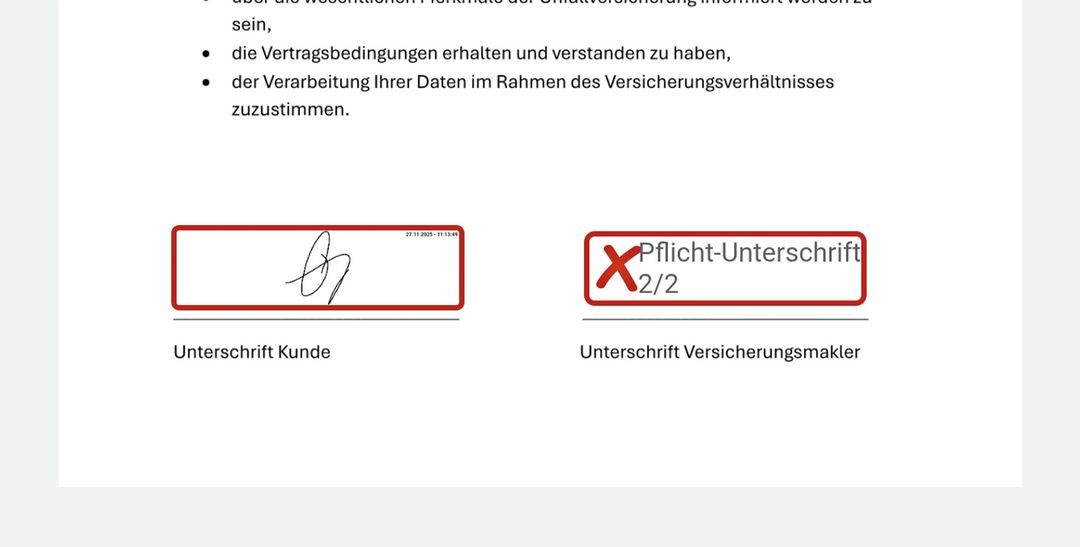 Unterschriftenseite im OnlineOrdner mit gesetzter Kundenunterschrift und offener Pflichtunterschrift des Versicherungsmaklers