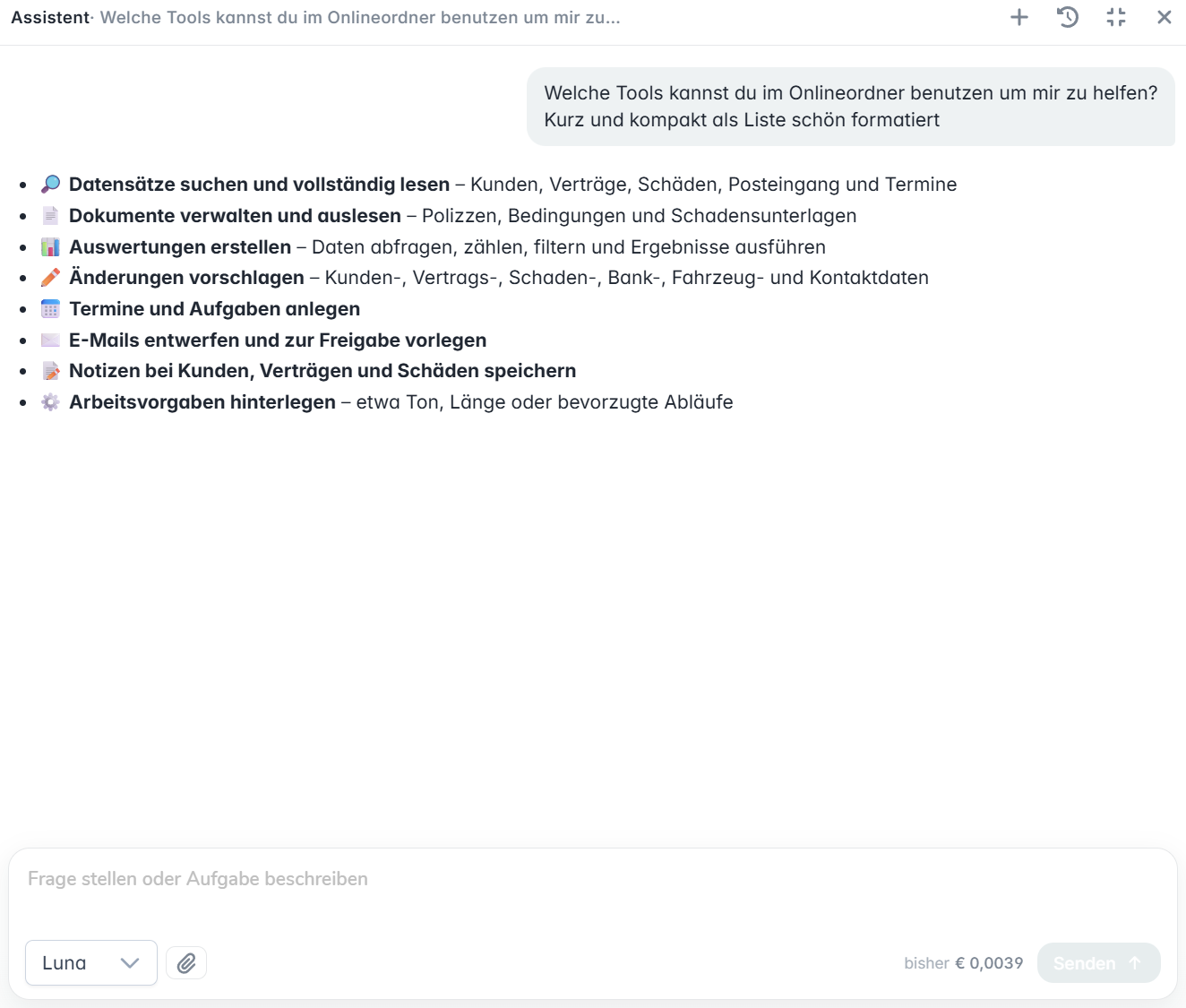 Der KI-Agent im OnlineOrdner listet auf, welche Werkzeuge er nutzen kann: Datensätze lesen, Dokumente auslesen, Auswertungen erstellen, Änderungen vorschlagen, Termine anlegen, E-Mails entwerfen