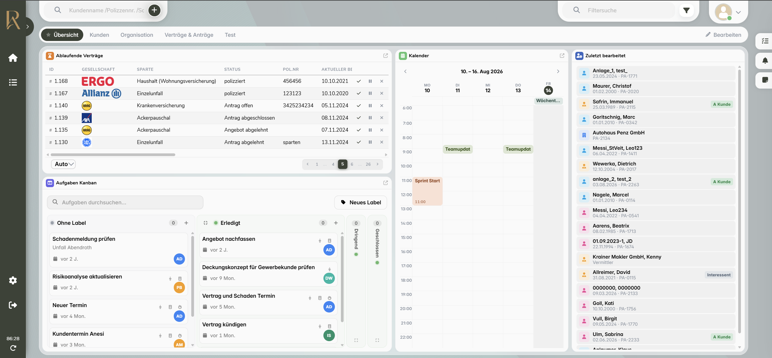 Weboberfläche des OnlineOrdner im Corporate Design eines Maklerbüros: ablaufende Verträge, Aufgaben-Kanban, Kalender und zuletzt bearbeitete Kunden